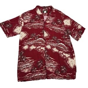 VTG Hawaiian Reserve Collection Men L Red Island Map Palm Tree Rayon Shirt USA